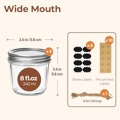 ComSaf 8 oz Wide Mouth Mason Jars, 6 Pack Small Half Pint Jars with Lids | BPA-Free, Half-Pint Portion, Chunky Salsa, Overnight Oats, Party Favors, Meal Prep, DIY Candles, Labels and Twine - size: 8oz*6 wide mouth
