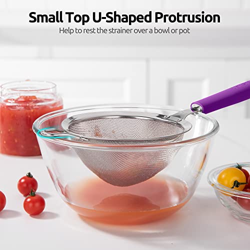 18/8 Stainless Steel Mesh Strainer: U-Taste 5.5 Inch Kitchen Fine Mesh Sieve Food Colander with Riveted Sturdy Silicone Handle and 30 Mesh Hole for Straining Flour, Pasta, Fruit, Quinoa (Purple) - color: (5) Purple, size: Medium (5.5 x 13 in)