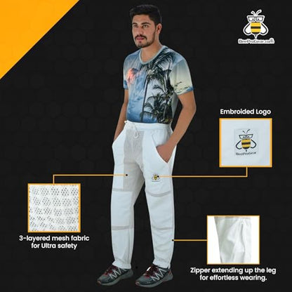 BeeProGear Sting-Proof Beekeeping Pants for Men & Women, Ventilated 3-Layer Mesh Pants with Tool Pockets & Carry Bag - color: White, size: Large