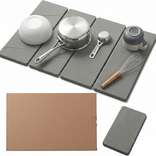2PCS Stone Dish Drying Mat for Kitchen Counter,Collapsable Stone Dish Drying Mat with Diatomaceous Earth for Quick Drying-Ultra Absorbent-Eco-Friendly,Foldable -23.6"×15.7" Light Gray Wave Grooves - color: DKHX-Light Gray