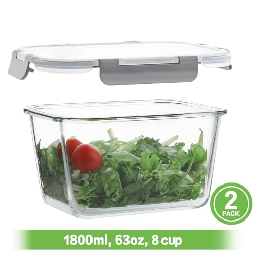 HOMBERKING 4 Pieces 63oz/8cup Large Glass Food Storage Containers with Lids, Meal Prep Containers, Airtight Bento Boxes with Leak Proof Locking (2 Containers 2 Lids), Microwave,Oven,Fridge Safe-Grey - color: Grey, size: 2 Sets