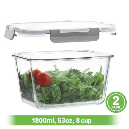 HOMBERKING 4 Pieces 63oz/8cup Large Glass Food Storage Containers with Lids, Meal Prep Containers, Airtight Bento Boxes with Leak Proof Locking (2 Containers 2 Lids), Microwave,Oven,Fridge Safe-Grey - color: Grey, size: 2 Sets