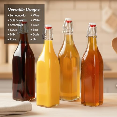 Ruckae Square Swing Top Glass Bottles with Lids Kombucha Coquito Flip Top Glass Bottle for Syrup Vanilla Extract Brew Beer Kefir Air Tight Bottles for Gift (32 oz 4 pack) - size: 32 oz 4 pack