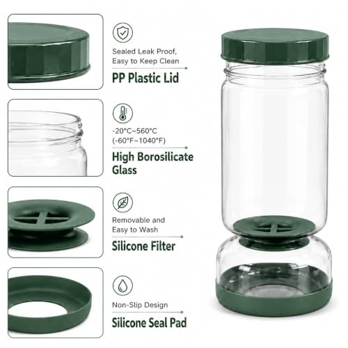 Neoflam Pickle Jar with Flip Strainer, 37 oz Glass Pickle Container for Olives, Jalapeños & Kimchi, Hourglass Juice Separator, Airtight Leak-Proof Food Storage, BPA-Free Wide Mouth Jar