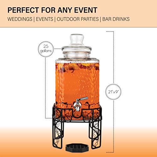 2.5 Gallon Glass Beverage Dispenser with Stainless Steel Spigot, Metal Stand, and Drip Tray – Mason Jar Style Drink Dispenser for Parties, Iced Tea, Water, Lemonade, and More