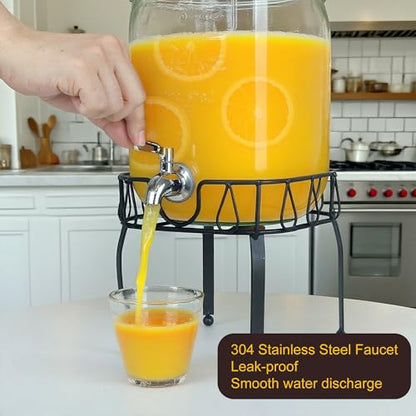 Glass Drink Dispensers for Parties, Beverage Dispenser with Stand, Ice Cylinder and Stainless Steel Spigot 100% Leakproof, Beverage Dispenser for Lemonade Sun Tea (2 Gallon Single with Stand) - size: 2 Gallon Single with Stand