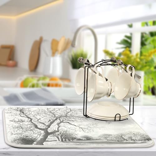 Bare Trees Gray Dish Drying Mat for Kitchen Counter Super Absorbent Draining Mat with Non-slip Backed Sink Tray Mat for Dish Bottles Cups Bowl Countertops Sinks Draining Racks