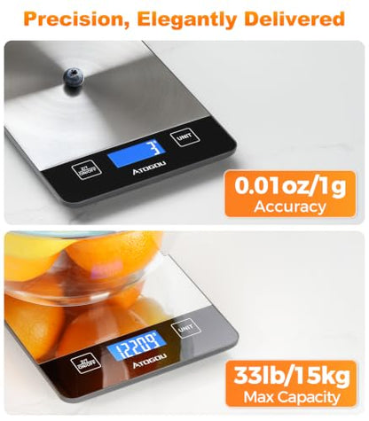 Atogou Food Scale - 33lb Digital Kitchen Scale Ounces Grams, Rechargeable & Full-View Display, Water-Resistant, Batteries or USB-C Charging, Stainless Steel, for Cooking, Meal Prep, Package (Grey) - color: Grey