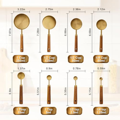 Premium Stainless Steel Measuring Cups and Spoons Set with Wood Handle, 8-Pieces Kitchen Essentials for Baking, Cooking, Coffee with Ergonomic Grip & Engraved Markings (Gold8) - color: Gold8