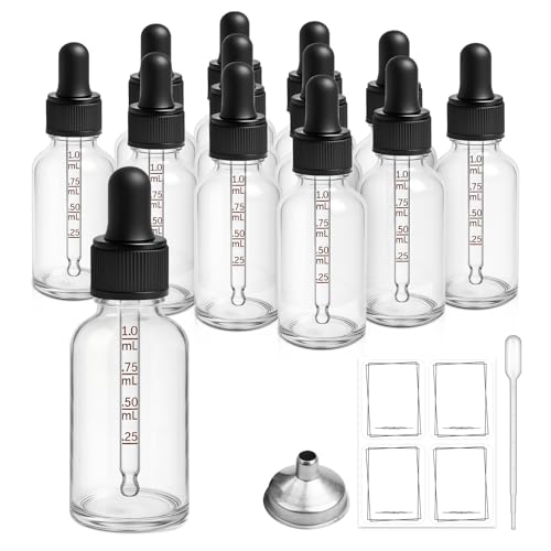 12 Pack, 1 oz Tincture Bottles with Dropper, Clear Glass Dropper Bottle with Stainless Steel Funnel, Pipettes & Labels, 30 ml Eye Dropper Bottles leakrproof For Essential Oils Serums Hair Body Oils - color: Clear