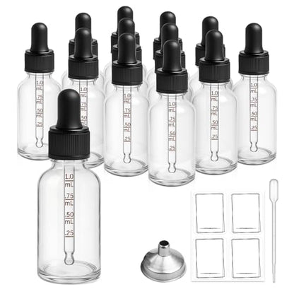 12 Pack, 1 oz Tincture Bottles with Dropper, Clear Glass Dropper Bottle with Stainless Steel Funnel, Pipettes & Labels, 30 ml Eye Dropper Bottles leakrproof For Essential Oils Serums Hair Body Oils - color: Clear