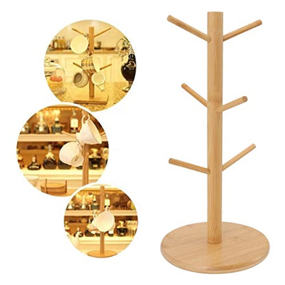 Wood Mug Holder Tree, Detachable Coffee Mug Tree with 6 Hooks, Space Saving Mug Stand, Stylish Coffee Cup Holder for Storage, Display, Drying Mugs, Cups