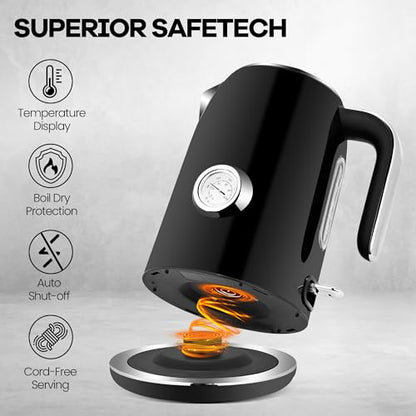 PUKOMC Electric Kettle, 1.7L Stainless Steel Tea Kettle with Temperature Gauge, 1500W Water Boiler with LED Light, BPA-Free, Auto Shut-Off and Boil-Dry Protection (Black) - color: Black