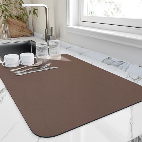 HotLive Dish Drying Mat for Kitchen Counter, Heat Resistant Drainer Mats with Non-slip Rubber Backed, Hide Stain Kitchen Super Absorbent Draining Mat, Easy to Clean Dish Rack Pad, Brown 16"x20" - color: Brown, size: 16" x 20"