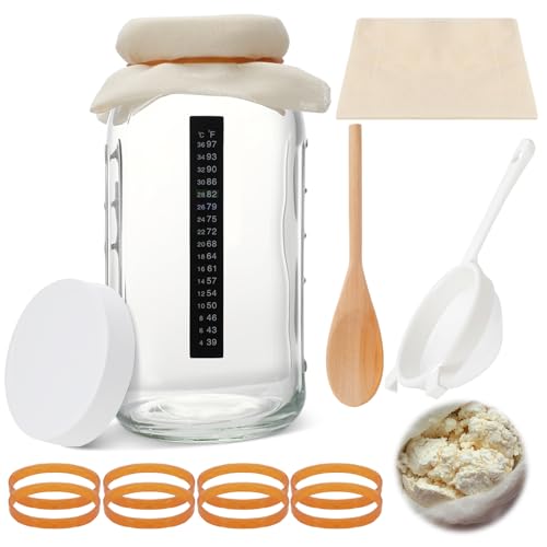 Honeydak 8 Pcs Complete Kefir Starter Kit Kombucha Fermenter Kit Half Gallon 64oz Mason Jar Wide Mouth with Plastic Storage Lid Nylon Mesh Strainer Cotton Cloth Cover and Wood Spoon - color: as shown in the picture, size: 64 oz