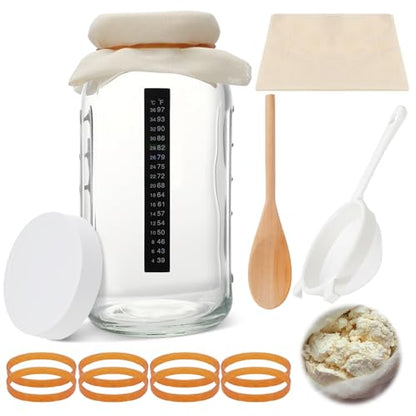 Honeydak 8 Pcs Complete Kefir Starter Kit Kombucha Fermenter Kit Half Gallon 64oz Mason Jar Wide Mouth with Plastic Storage Lid Nylon Mesh Strainer Cotton Cloth Cover and Wood Spoon - color: as shown in the picture, size: 64 oz
