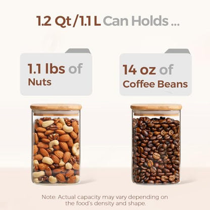 ComSaf Glass Storage Containers with Lids, 1.2 Qt Glass Jars with Lids, Clear Food Storage Jar, Canister For Pantry Cookie Flour Cereal Rice Sugar Tea Coffee Beans Spice, Square Set of 4 - size: 1.2Qt*4