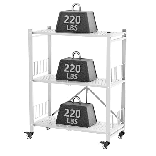 Folding Storage Shelves No Assembly, 3 Tier Foldable Shelves with Wheels, Collapsible Rolling Storage Rack for Pantry Laundry Room Small Spaces, White - color: White/3-tier