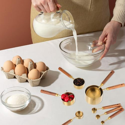 Stainless Steel Measuring Cups Set and Measuring Spoons Wooden Handle Metal Measure Cups and Spoons for Cooking and Baking, Gold, 8 Piece - color: Gold