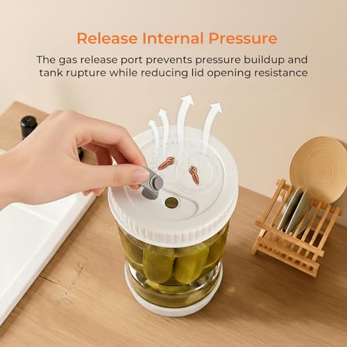 Pickle Jar with Strainer Flip, Pickle Container with Strainer with Two Forks, Airtight Glass Pickle Jar for Fermentation, Olive Jar with Date Tracker Lid, Jalapeno Container with Gas Port (White) - color: White