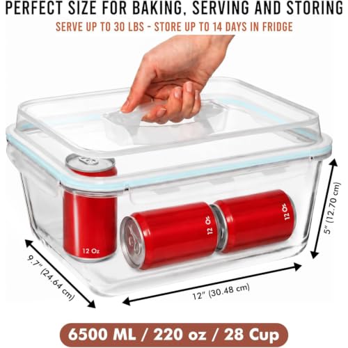 6500 ML / 220 oz / 28 Cup LARGE Glass Food Storage Container with Airtight Locking Lid. Ideal Storing food, Vegetables, Fruits. Baking Casserole, Lasagna, Roasting Turkey, Chicken BPA Free Oven Safe - size: 6500 ml