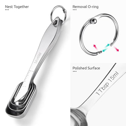 U-Taste Narrow Square Measuring Spoons: 18/8 Stainless Steel Kitchen Measure Teaspoon Tablespoon with Leveler, Polygon Rectangular Metal Jar Scoop for Baking Cooking, Coffee, Spice, Powder (Set of 6) - size: S-5+1 pcs (square)
