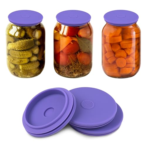 Wide Mouth Mason Jar Fermentation Lids – Silicone Fermenting Caps with Waterless Airlock, Self-Burping Fermenter Tops for Pickles, Kimchi, and Probiotic Foods, 3 Pack Purple (Jars Not Included) - color: Purple