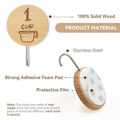 Measuring Cup and Spoon Organizer, 12 Pack Adhesive Wood Hooks for Hanging, Kitchen Hooks for Space Saving Storage - style: 12 Pcs Wood Hooks