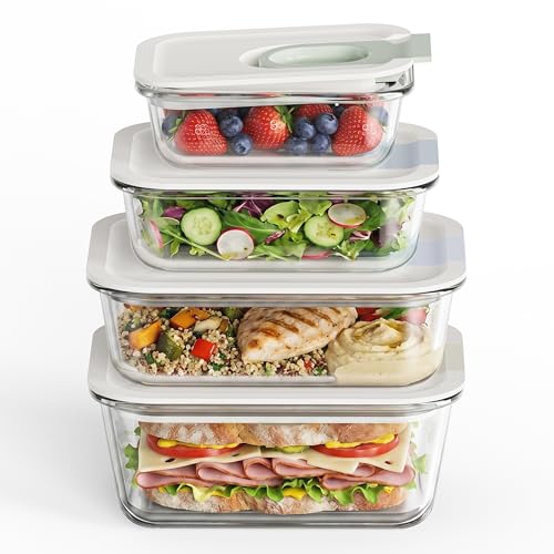 GENICOOK 4 Pack 129 oz Glass Meal Prep Containers, Glass Food Storage Containers with One-Hand Slide Lid, Borosilicate Airtight Portion Control Containers, Microwave Oven Freezer Safe, BPA Free - color: Light-colored