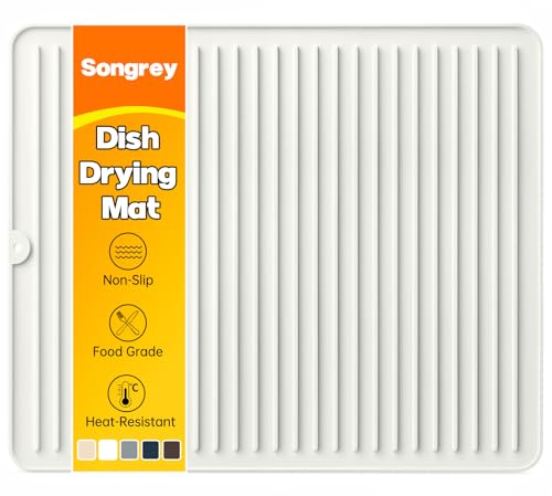 Songrey 18" x 16" Silicone Dish Drying Mat, Kitchen Counter Drying Pad for Sink Dishes or Under Rack, Multi-Use as Heat Resistant Trivet, Coffee Bar Mat - color: White, size: 18" x 16"
