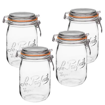 Le Parfait Super Jar 1L (32oz) French Glass Preserving Jar w/Airtight Rubber Seal & Wire Bail Closure - BPA-Free Canning Jar for Pickles, Fruits, Sauces & Food Storage - Made in France Since 1930 4PK - color: 32oz (Set/4)