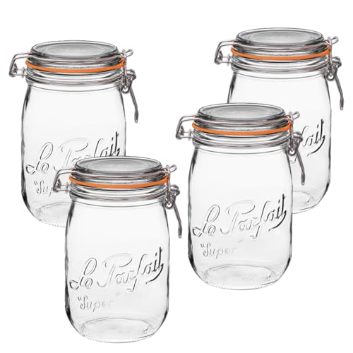 Le Parfait Super Jar 1L (32oz) French Glass Preserving Jar w/Airtight Rubber Seal & Wire Bail Closure - BPA-Free Canning Jar for Pickles, Fruits, Sauces & Food Storage - Made in France Since 1930 4PK - color: 32oz (Set/4)