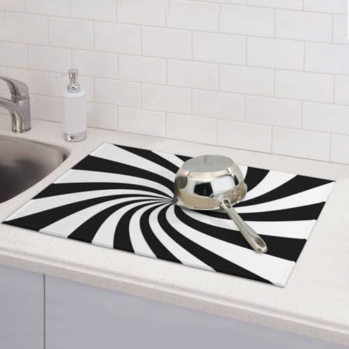 Black White Dish Drying Mat Funny Swirl Stripes Modern Classic Geometric Drying Rack Pad Countertop Dishes Ultra Absorbent Microfiber Kitchen Counter Mat 18x24 Inch - color: Black White
