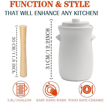 Fermentation Crock 3.8Liter/1 Gallon Stoneware Pot for Fermenting, Pickling Kimchi, Pickles, Vegetables, Kombucha - Glazed Fermenter with Stone Weights, Lid & Pickle Tamper-White Crock - color: White