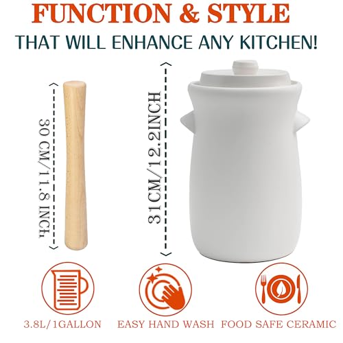 Fermentation Crock 3.8Liter/1 Gallon Stoneware Pot for Fermenting, Pickling Kimchi, Pickles, Vegetables, Kombucha - Glazed Fermenter with Stone Weights, Lid & Pickle Tamper-White Crock - color: White