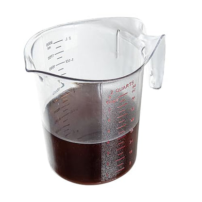 Restaurantware RW Base 2 Quart Measuring Jar 1 Durable Measuring Beaker - Metric And Imperial Units V-Shaped Spout Clear Plastic Measuring Cup Handle With Thumb-Grip Tolerates Up To 248F - color: Clear, size: 7.75" × 6.00" × 7.50"