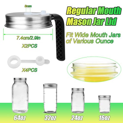 Palksky Mason Jar Lids with Straw Hole & Handle for Regular Mouth Jars, Leak-Resistant Drinking Lids with Extra Silicone Rings, Mason Jar Straw Lids for Iced Coffee, Lemonade, Juice (2 Pack) - style: Regular Mouth Lids with Straw & Handle 2 Packs