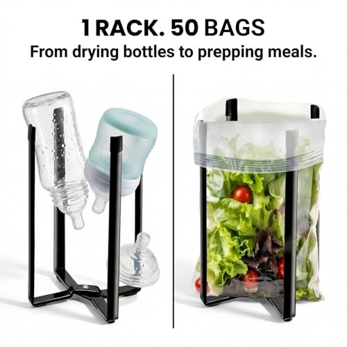 Performore Collapsible Bottle Drying Rack – Stainless Steel Kitchen Stand Holder for Bottles, Cups & Plastic Bags – Space-Saving Multi-Use 50-Pc Bag Organizer