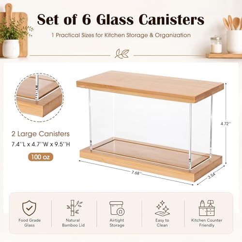 6 Pack Square Acrylic Pantry Storage Containers with Lid Cereal Containers Storage with 144 Pantry Labels, 100oz Small Spice Jars with Airtight Bamboo Lids and Spoon for Sugar, Cereal, Spice - size: 71oz