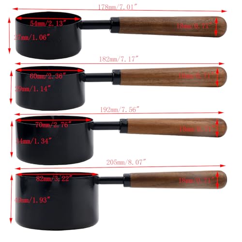 Set of 4 Measuring Cups and Spoons Black Measuring Cups with Wooden Handle Stainless Steel Measuring Spoons and Scoops Set for Kitchen Flour Spice Seasoning Measurement (1+1/2+1/3+1/4 Cup) - size: 1+1/2+1/3+1/4 Cup