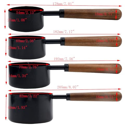 Set of 4 Measuring Cups and Spoons Black Measuring Cups with Wooden Handle Stainless Steel Measuring Spoons and Scoops Set for Kitchen Flour Spice Seasoning Measurement (1+1/2+1/3+1/4 Cup) - size: 1+1/2+1/3+1/4 Cup