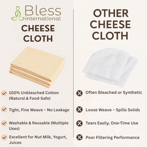Bless International Premium Cotton Cheese Cloth Ultra Dense Butter Muslin For Straining Nut Milk Crafts & More 20x20 Inch 2 Hemmed Edges Grade 100 XL Unbleached & Reusable Off White - size: 20x20 Inch (8 Pieces)