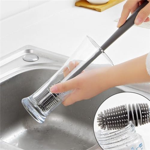 Silicone Soft Bristle Water Bottle Cleaner Brush with Extra Long Handle for Flasks, Tumbler, Glassware, Sports Bottles, Baby Bottles, Vases, Narrow Neck, Gray
