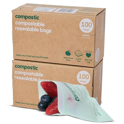 Compostic Compostable Snack Bags, Snack Size (180 + 20 Count) Bulk Pack — Resealable Zip-Seal, Plant-Based, Home Compostable, Freezer Safe, BPA-Free, Non-Toxic, GMO-Free Food Storage Bags - size: 180 Count, style: Snack