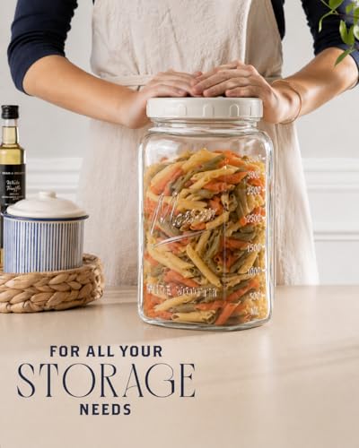 1 Gallon Glass Jars with Lids - Extra Large Mason Jars Wide Mouth with Airtight Plastic Screw On Lids - Square Glass Storage Containers with Measurements for Flour, Sugar, Cookies & Pickling, 3 Pack