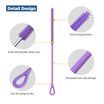 YOTIME Silicone Straw Cleaner Brush, 2Pcs Reusable Straw Brush Extra Long for Cleaning Tumbler with Handle and Glass Metal Smoothie Straws, Non-slip Handle Soft and Bendable, 6mm+9mm, Purple - color: Purple