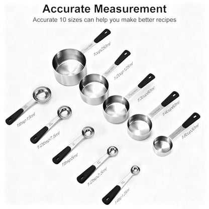 Bopei Measuring Cups and Spoons Set Stainless Steel 10 Piece for Cooking and Baking (5 Cups + 5 Spoons, Black Handle) - color: Black