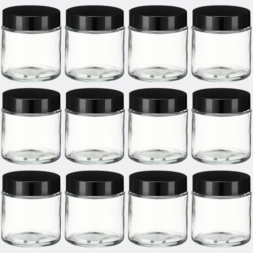 12 Pcs 4 oz Clear Glass Jars with Black Lids Leakproof Round Airtight Jars Empty Cosmetic Jars with Inner Liners Lid for Candle Making Storing Lotions Spice Powder Liquid Sample Makeup (Black,clear) - color: clear, size: 4 oz(12 Pcs)