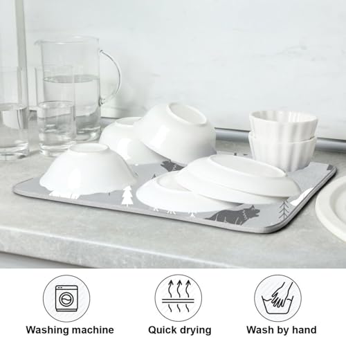 Wolves Tree Gray Dish Drying Mat for Kitchen Counter Super Absorbent Draining Mat with Non-slip Backed Dish Rack Pad for Draining Racks Countertops Sinks Dish Bottles Cups Bowl