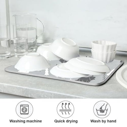 Wolves Tree Gray Dish Drying Mat for Kitchen Counter Super Absorbent Draining Mat with Non-slip Backed Dish Rack Pad for Draining Racks Countertops Sinks Dish Bottles Cups Bowl